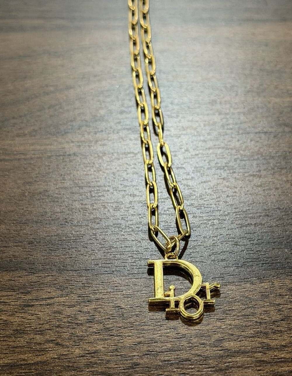 Christian Dior Gold Tone Paperclip Chain Logo Pendant Necklace